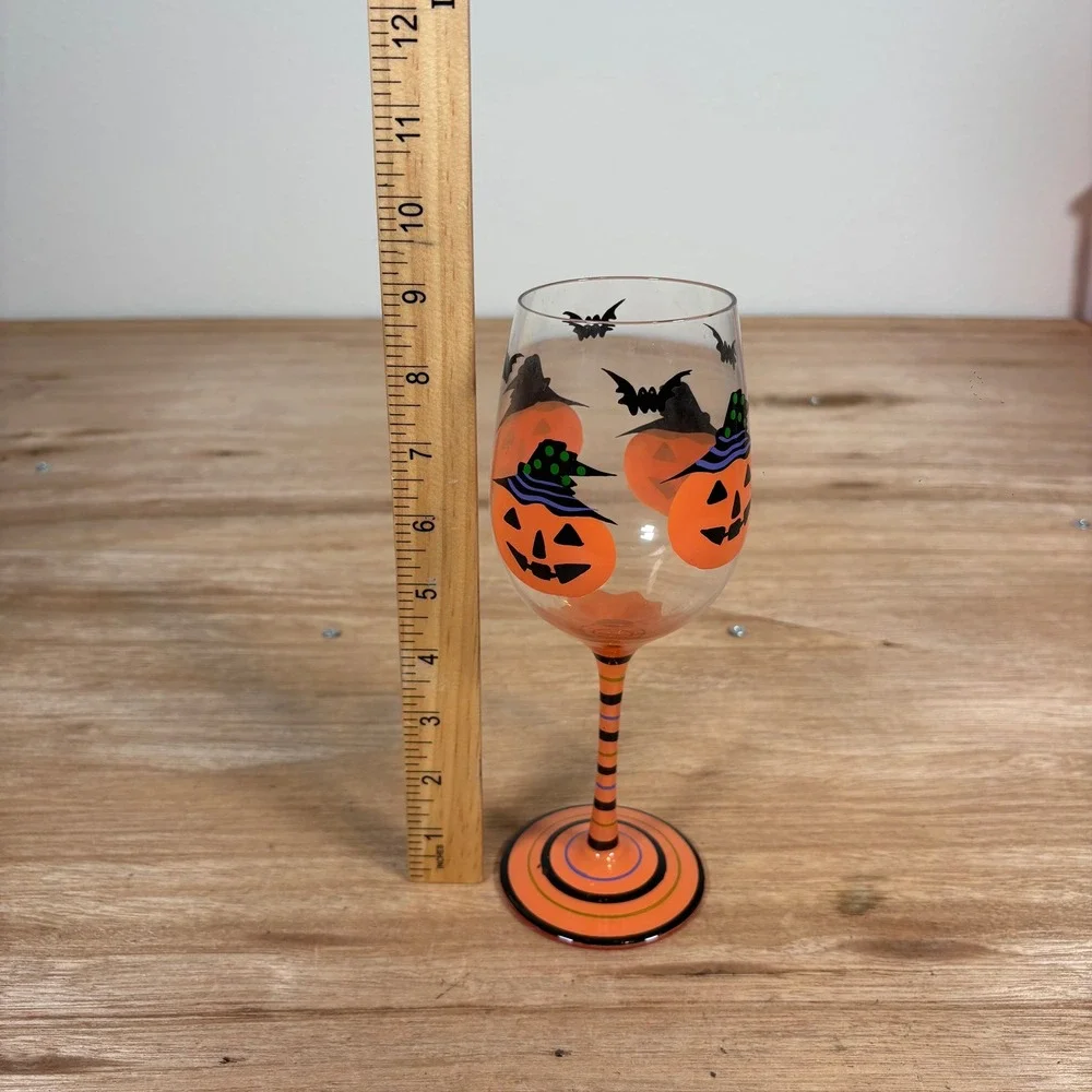 Pier 1 Halloween Wine Glass Jack-O-Lantern Witch Hat Bats Orange Striped Stem
